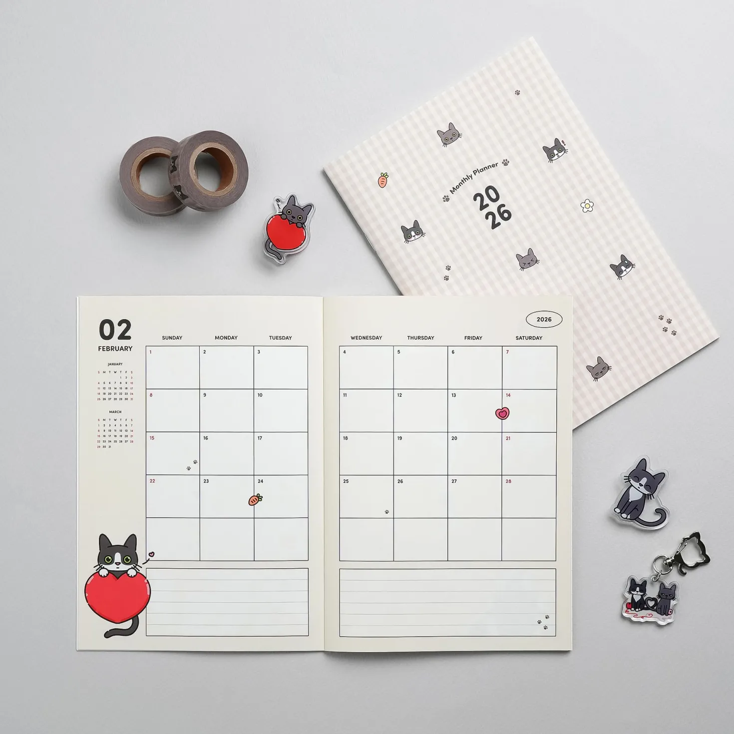 2026 Lana & Tuxedo Cat Monthly Planner