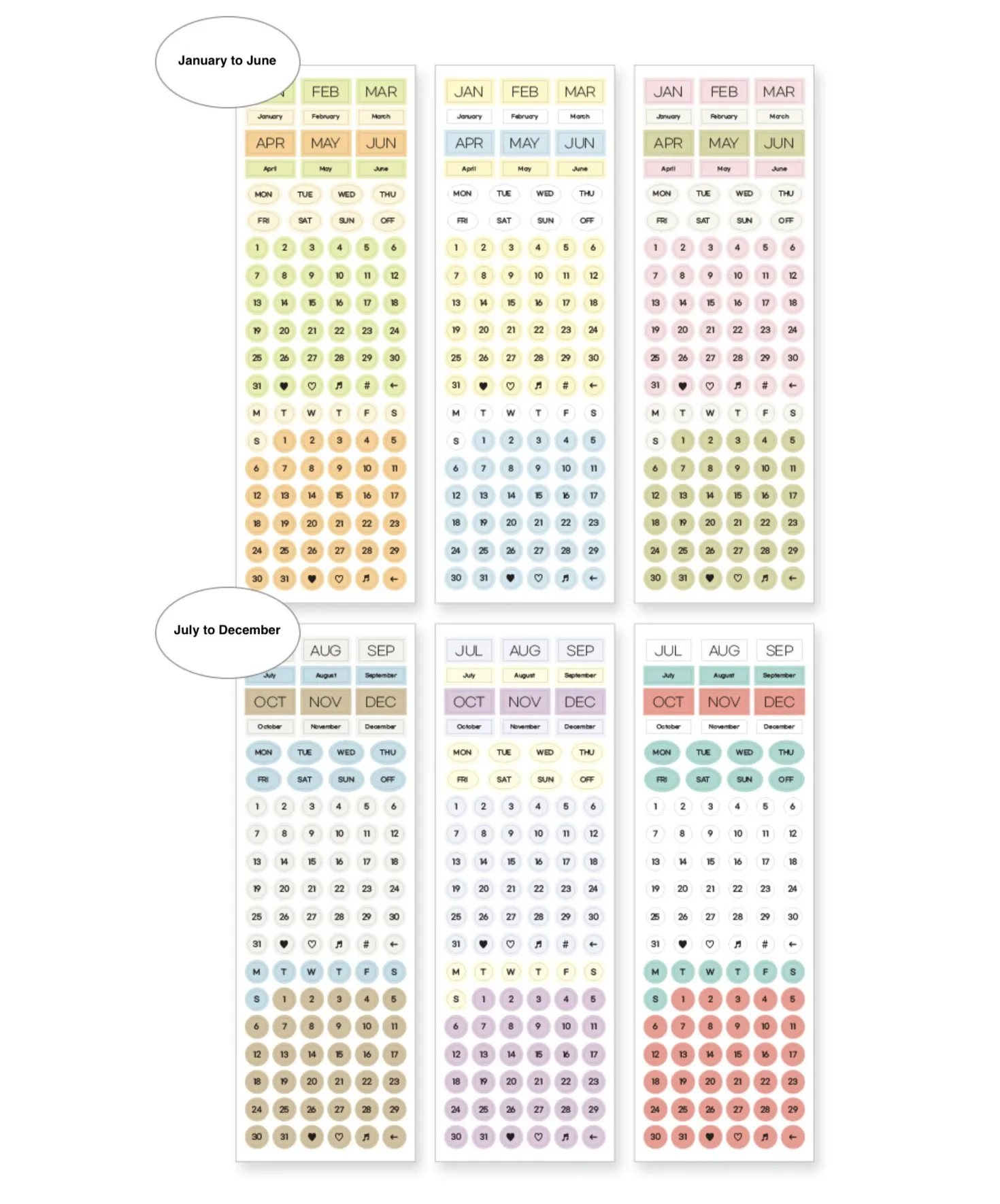 6pcs Calendar Month & Date Sticker Set