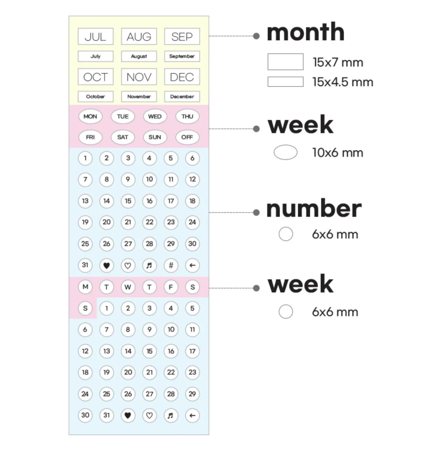 6pcs Calendar Month & Date Sticker Set