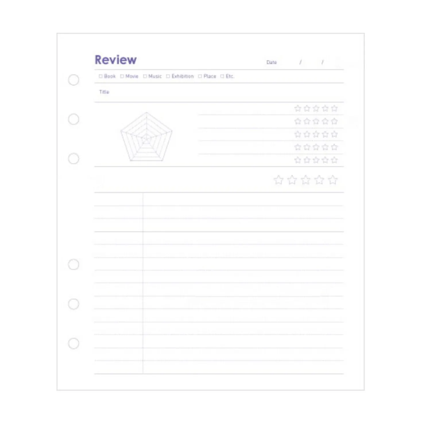 Themed 6 Ring A6 Wide Note Refill